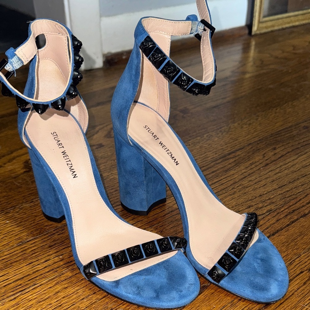 Stuart Weitzman Blue and Black Block Heel Sandals